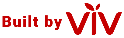 A red and white logo for built by viv