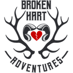 A logo for broken hart adventures with antlers and a broken heart