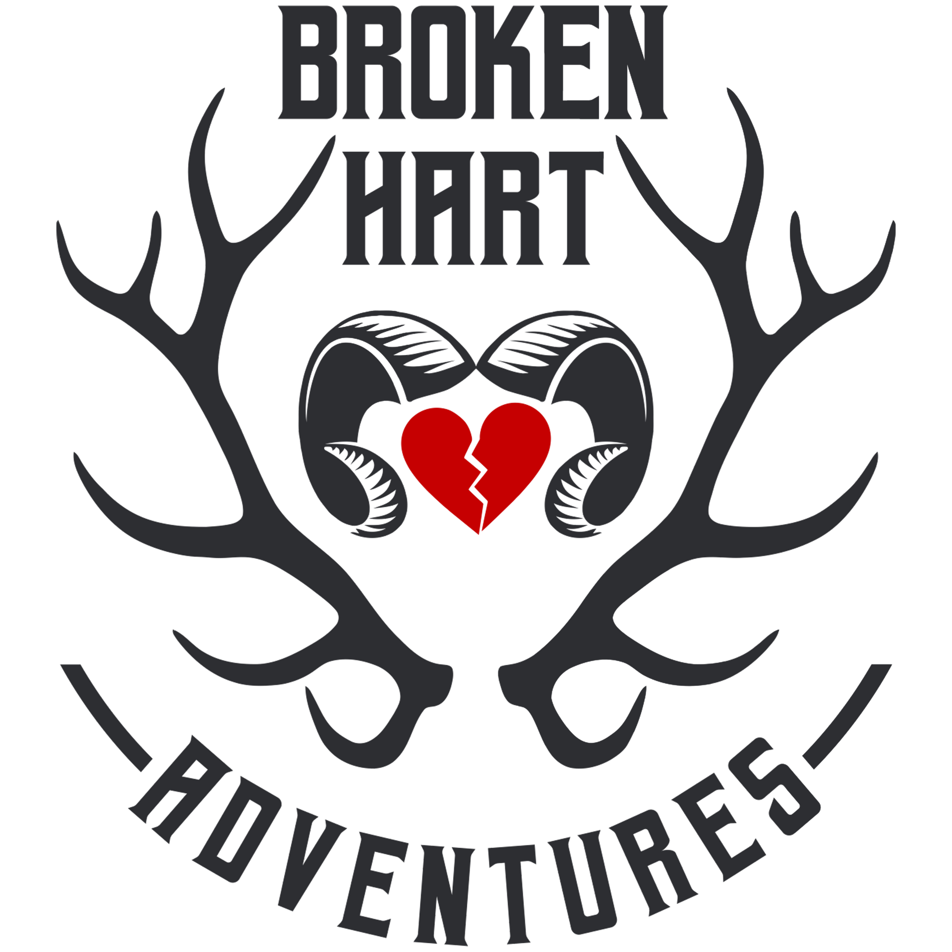 A logo for broken hart adventures with antlers and a broken heart