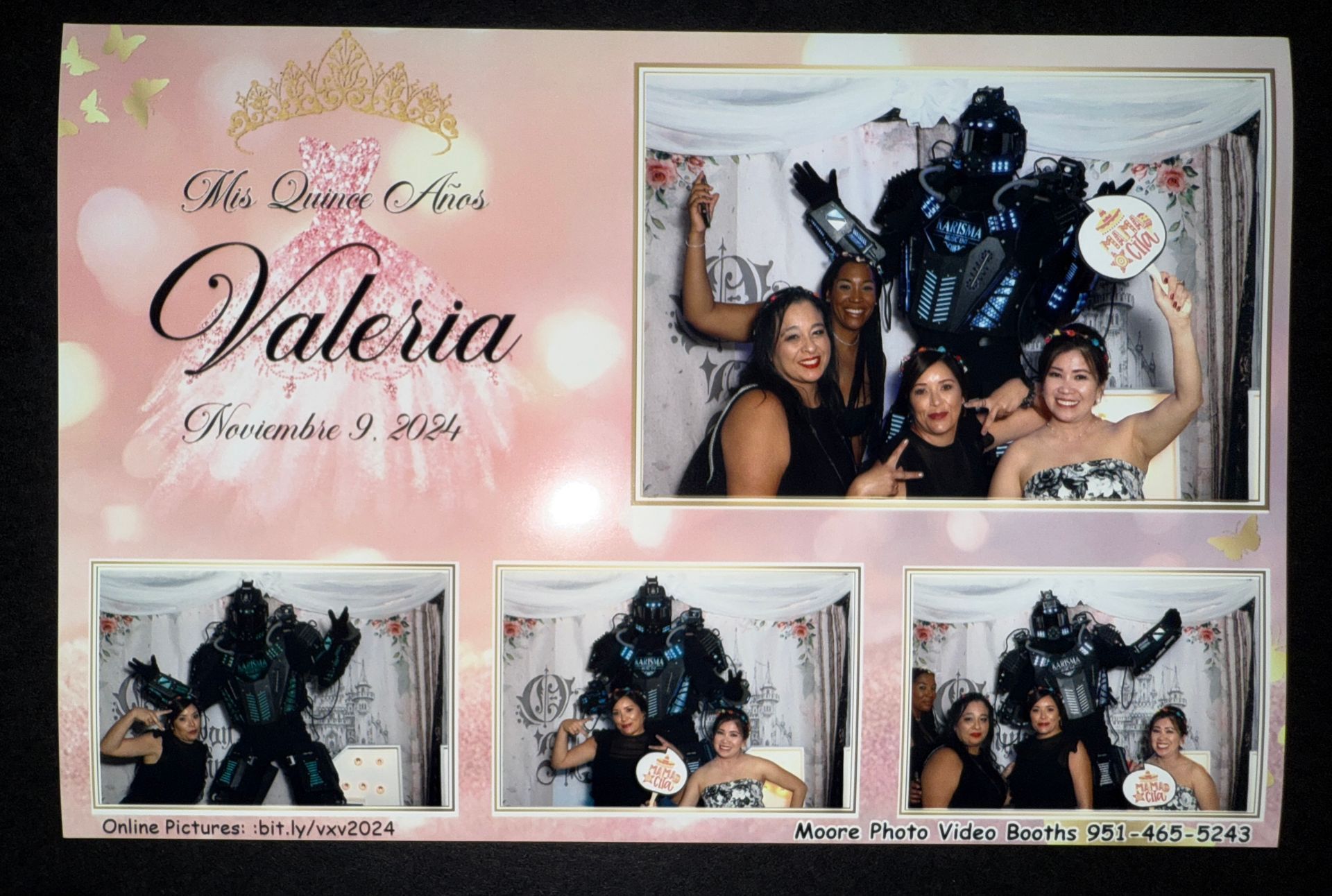 Pink princess-themed photo collage with “Valeria” title and family photos in costume booth