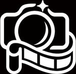 White camera icon with a circular lens and film strip on a black background