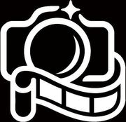 White camera icon with a circular lens and film strip on a black background