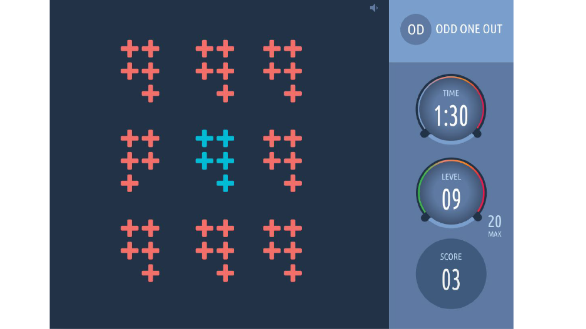Game interface with blue and red plus signs on a dark blue background. Timer, level, and score indicators.