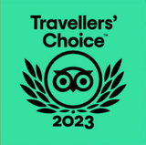 The logo for travellers ' choice 2023 is green and black.