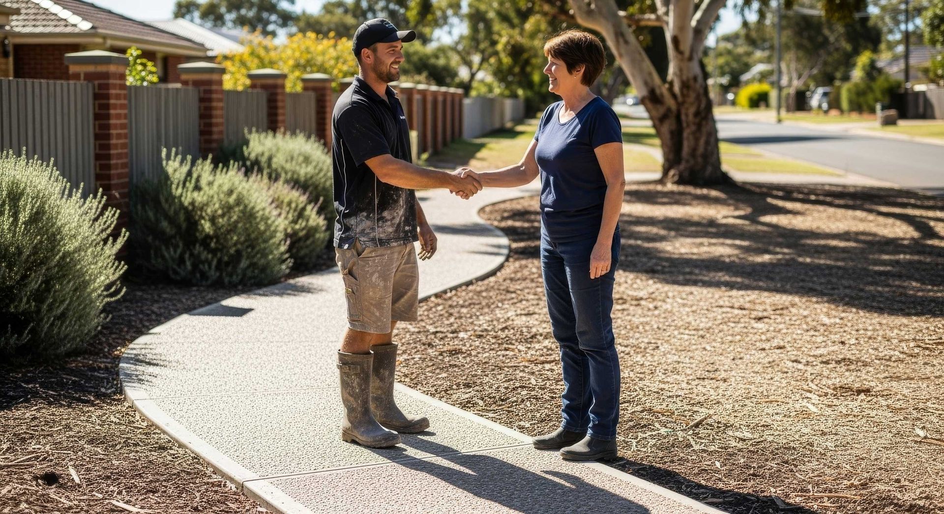 Happy Customer Standing Beside New Concrete Path In Bendigo
