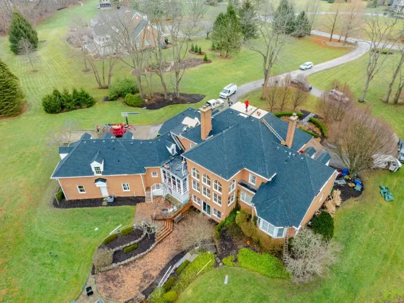 aerial view of a completed roof replacement in pickerington