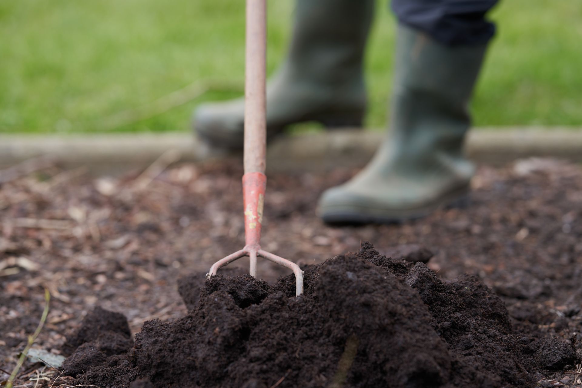 Gardener using a hand fork to break up soil in a garden bed. Green boots in background.
