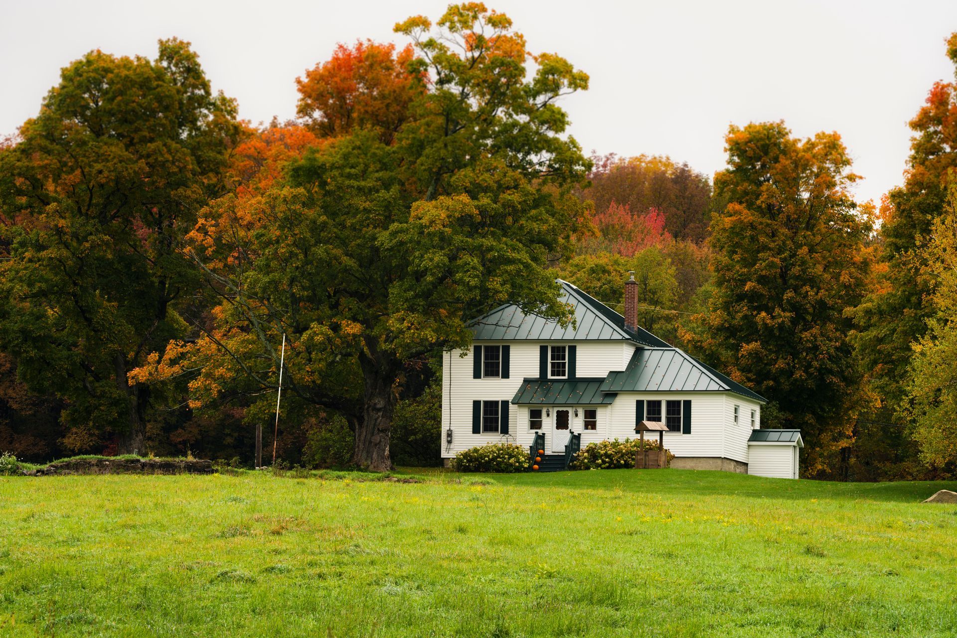 White house with green roof amidst colorful autumn trees in a grassy field.