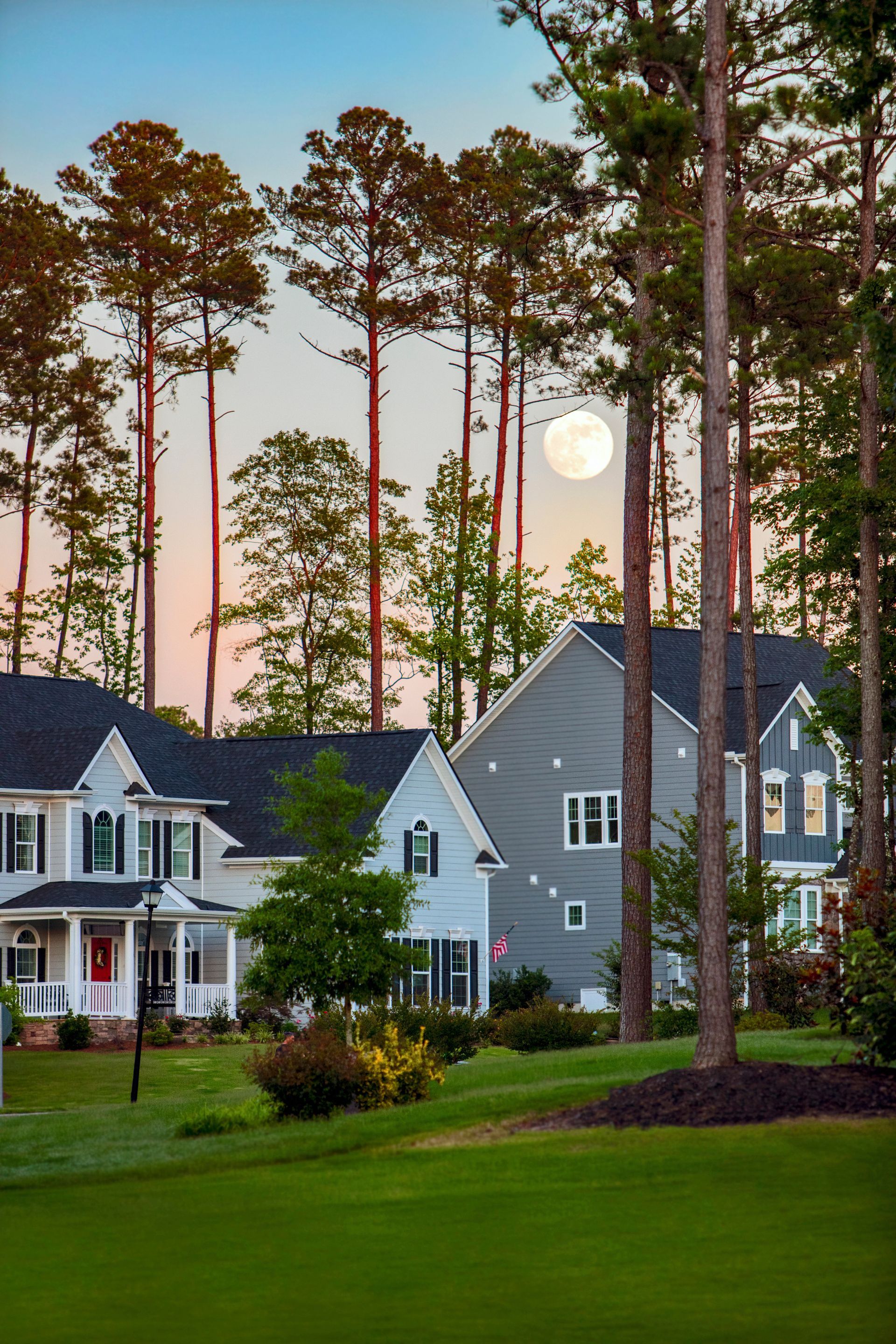 Houses framed by tall trees, full moon in sky, grassy lawn.