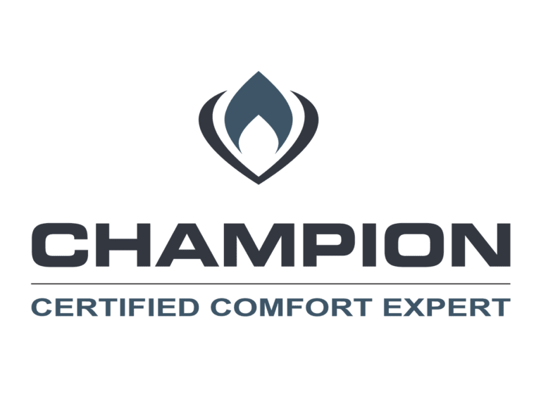 Champion Certified Comfort Expert logo with dark gray flame icon and text on white background