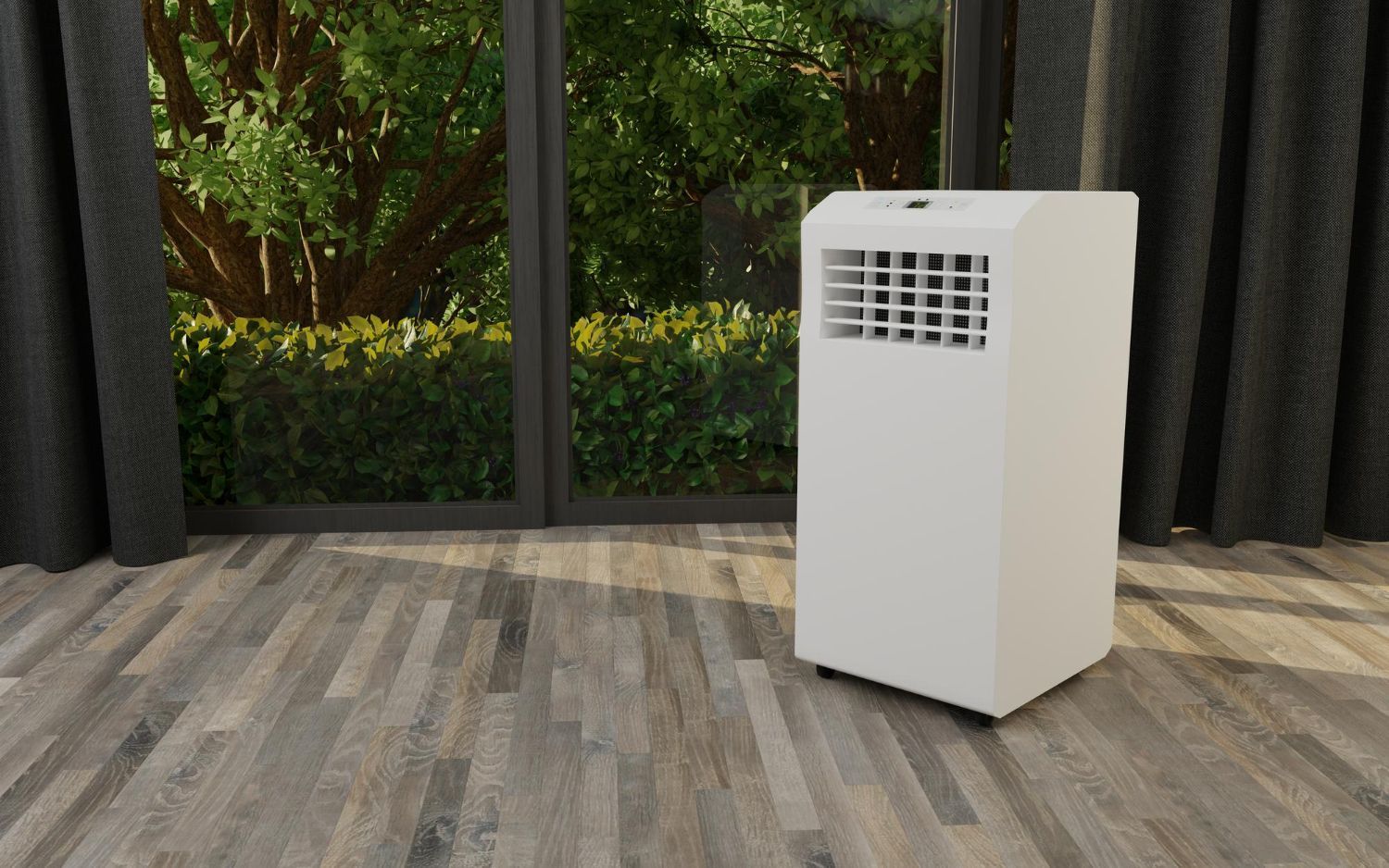 White portable air conditioner in a modern room with large windows and curtains