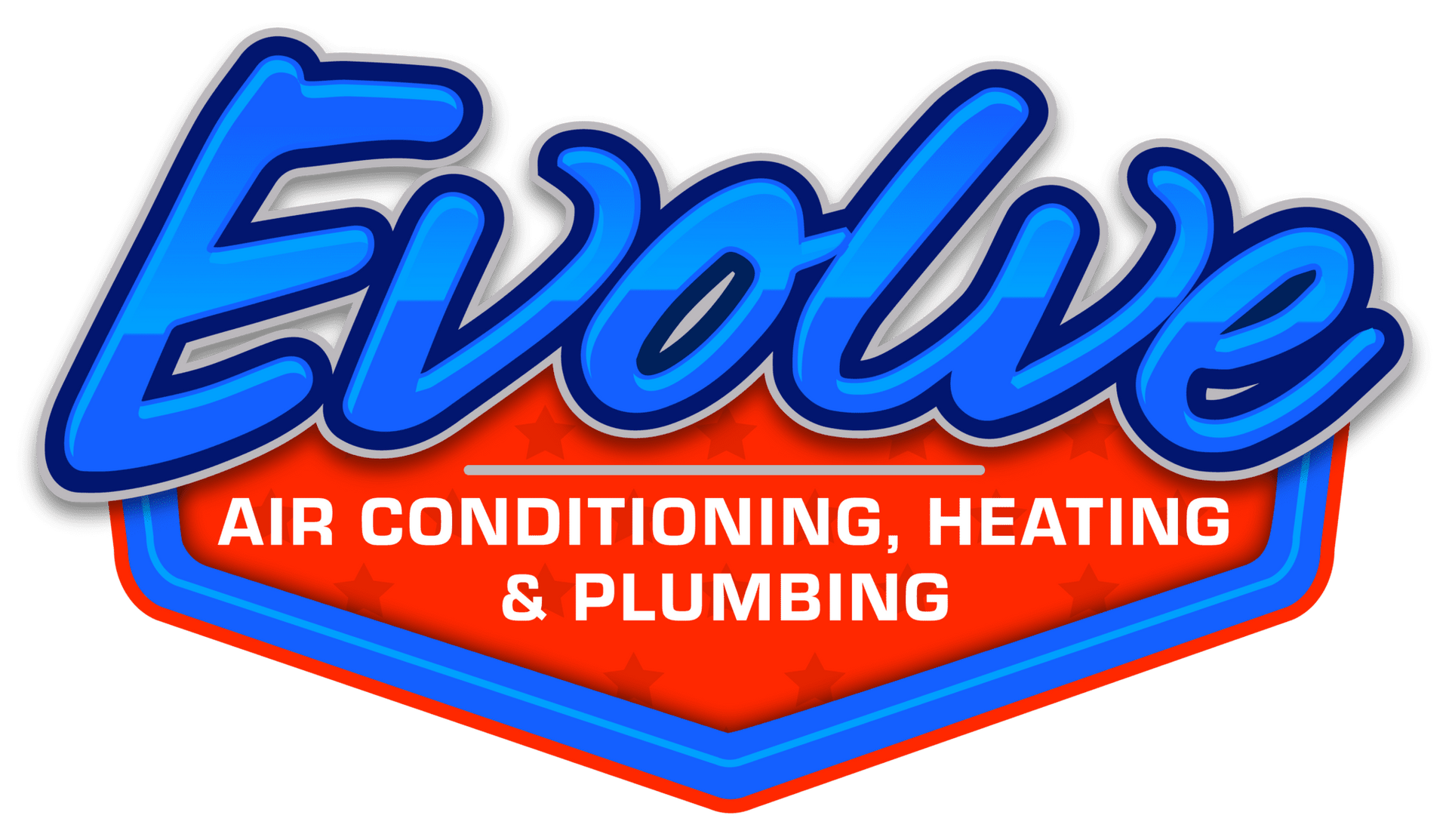 Evolve Air Conditioning, Heating & Plumbing blue and orange logo with stylized lettering