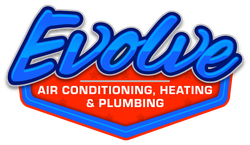 Evolve Air Conditioning, Heating & Plumbing blue and orange logo with stylized lettering