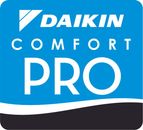 Daikin Comfort Pro logo in blue, white, and black with stylized wave design