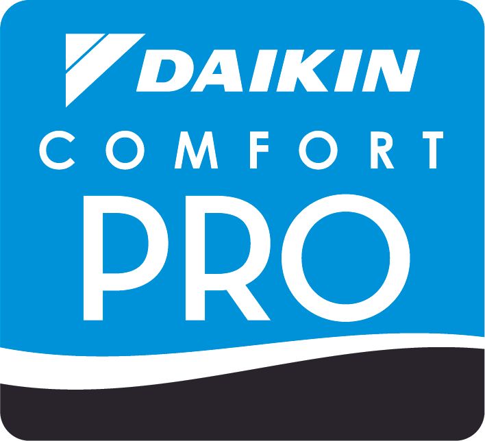 Daikin Comfort Pro logo on a blue and white background with wave accents
