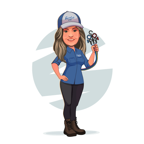 Cartoon woman in a blue uniform and cap holding a keychain, standing confidently.
