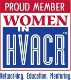 Logo reading “Proud Member Women in HVACR” in red, white, and blue with tagline “Networking, Education, Mentoring.”