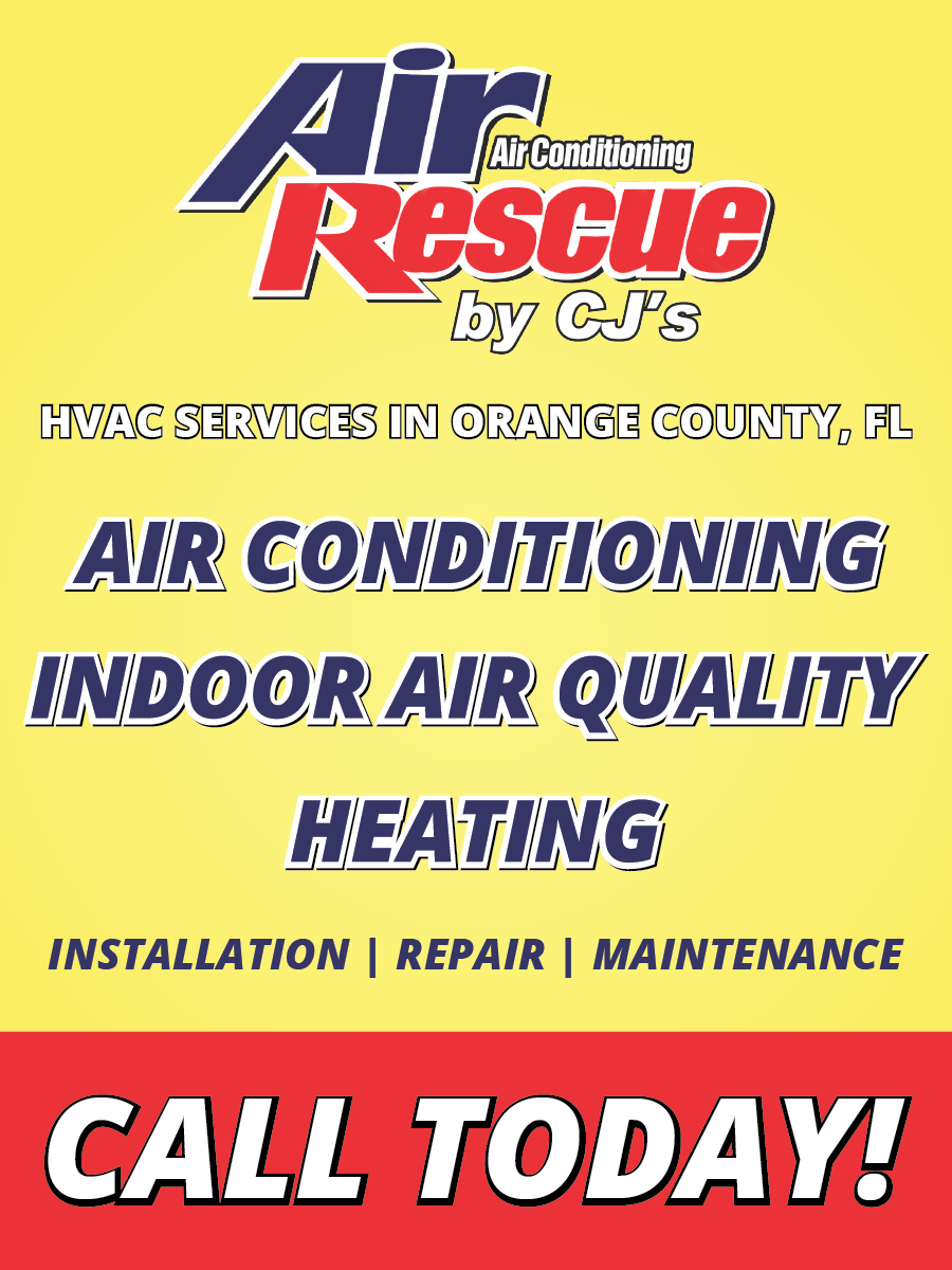 Bright yellow flyer for 'Air Rescue by CJ's', offering HVAC services in Orange County, FL. Features bold text for 'Air Conditioning', 'Indoor Air Quality', and 'Heating', with services listed as 'Installation, Repair, Maintenance'. A call-to-action in a red footer says 'Call Today!'
