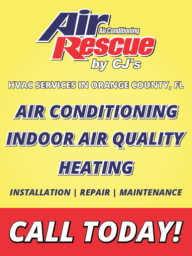 Bright yellow flyer for 'Air Rescue by CJ's', offering HVAC services in Orange County, FL. Features bold text for 'Air Conditioning', 'Indoor Air Quality', and 'Heating', with services listed as 'Installation, Repair, Maintenance'. A call-to-action in a red footer says 'Call Today!'.