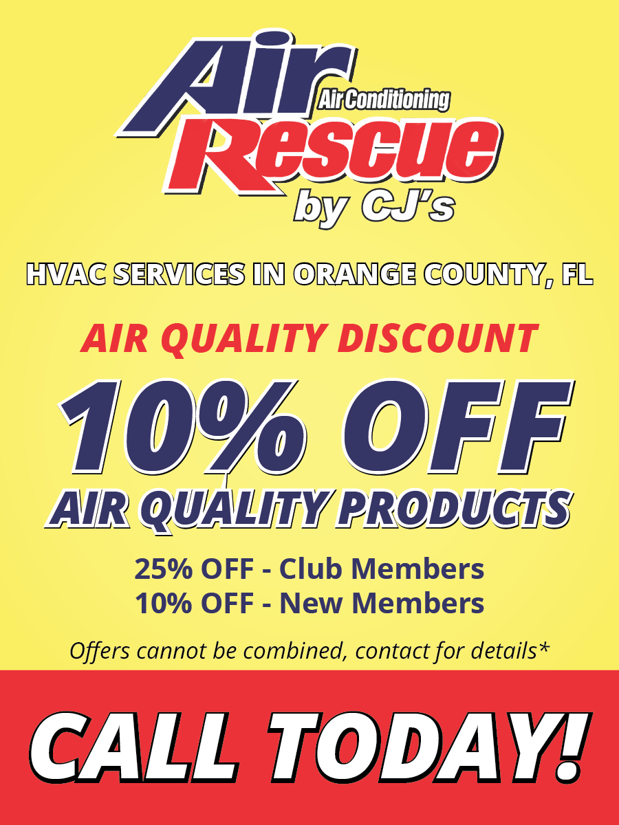 Yellow promotional flyer for 'Air Rescue by CJ's' featuring a 10% off discount on air quality products, with special offers for club and new members in Orange County, FL. A red banner at the bottom encourages to 'CALL TODAY!'.