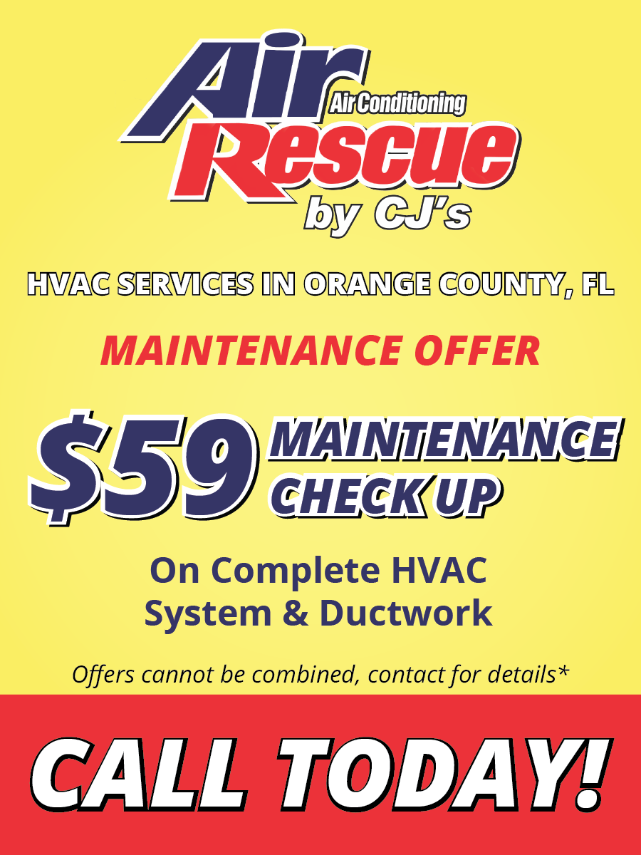 Yellow promotional flyer for 'Air Rescue by CJ’s', advertising HVAC services in Orange County, FL with a '$59 Maintenance Check-Up' offer on a complete HVAC system and ductwork. Note at the bottom indicates offers cannot be combined. A bold call-to-action in red at the bottom reads 'CALL TODAY!'.