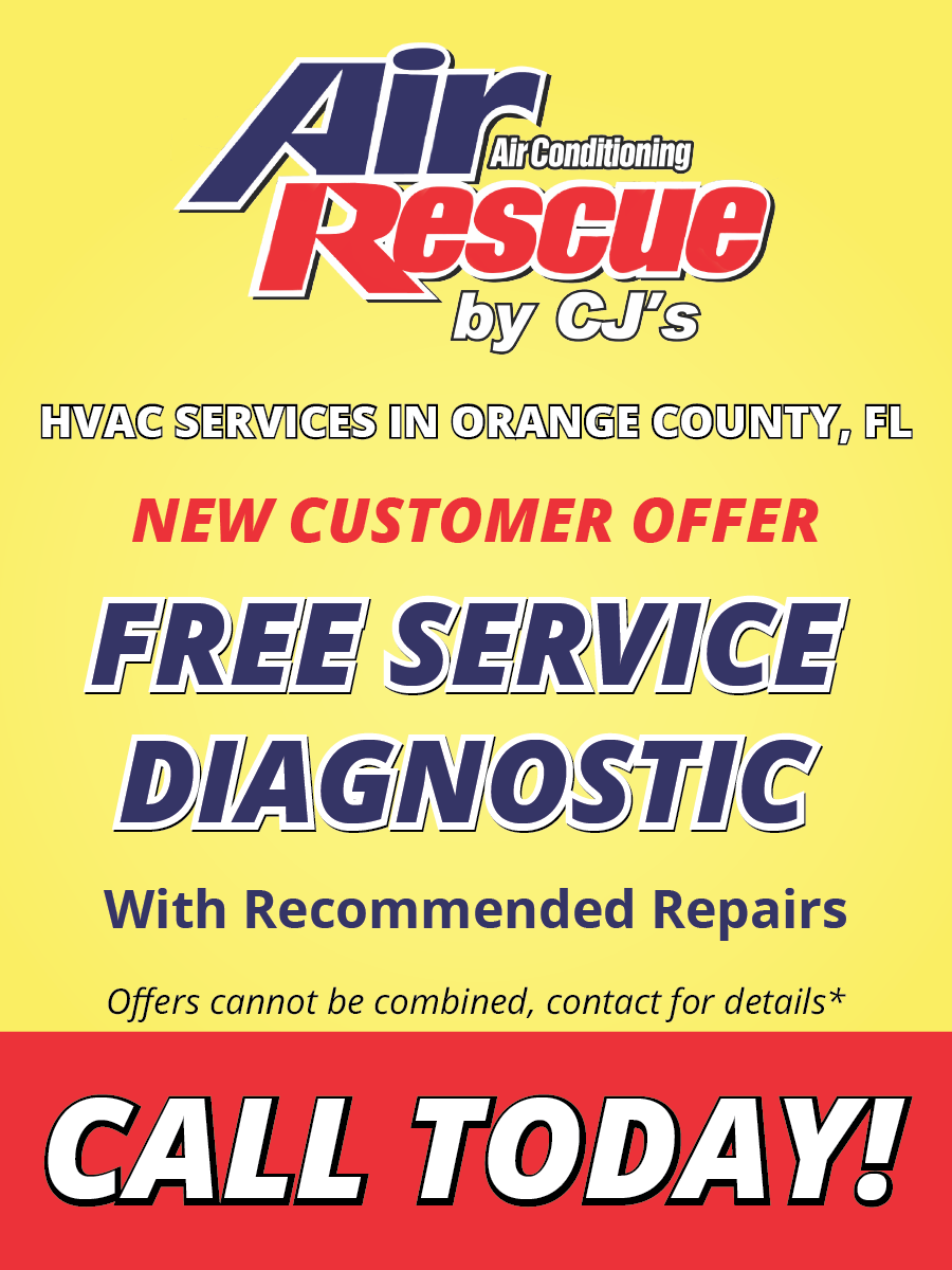 Promotional flyer from 'Air Rescue by CJ's' offering a free service diagnostic for new customers in Orange County, FL. The flyer features bold red and blue text on a yellow background, with a red footer urging to 'CALL TODAY!'.