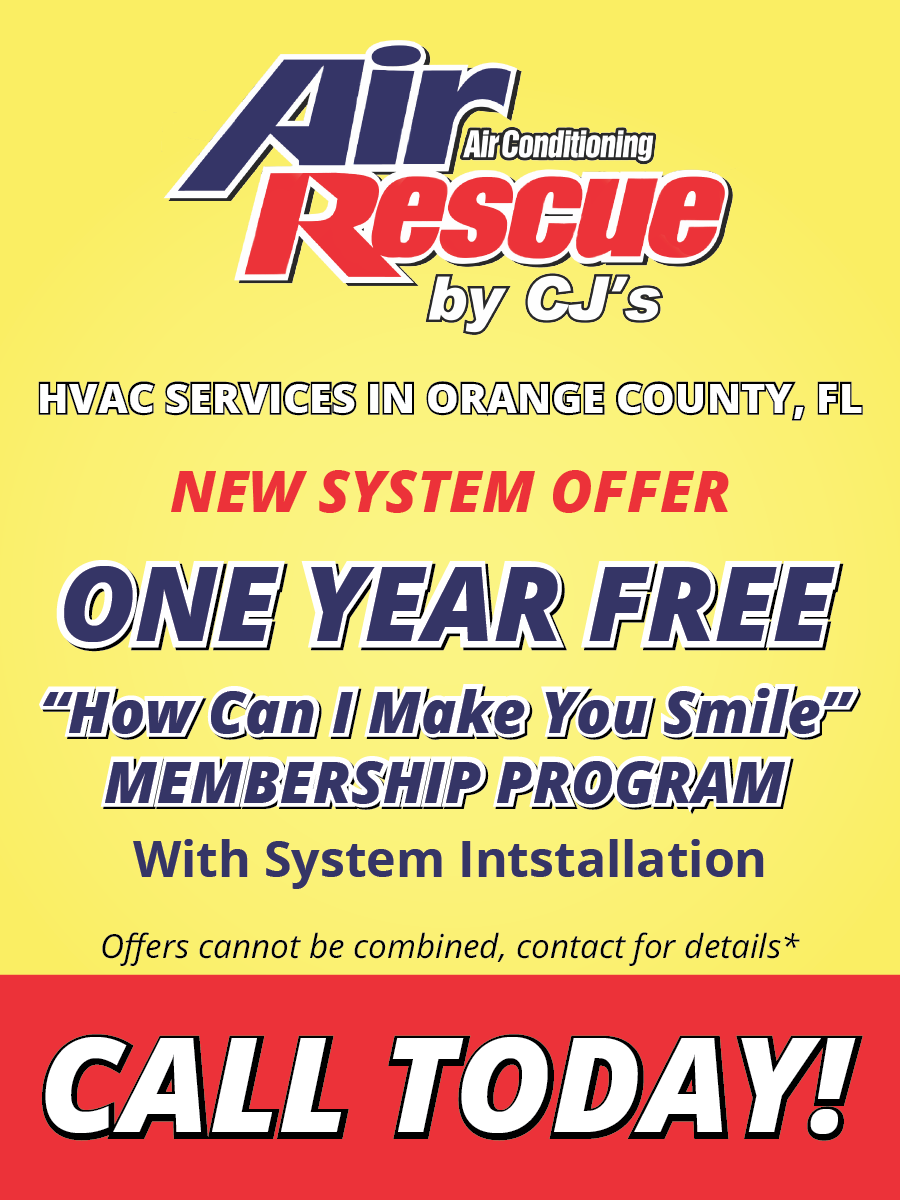 Advertisement from 'Air Rescue by CJ's' for HVAC services in Orange County, FL, offering one year free 'How Can I Make You Smile' membership program with system installation. The flyer has a yellow background with a call-to-action in red at the bottom.
