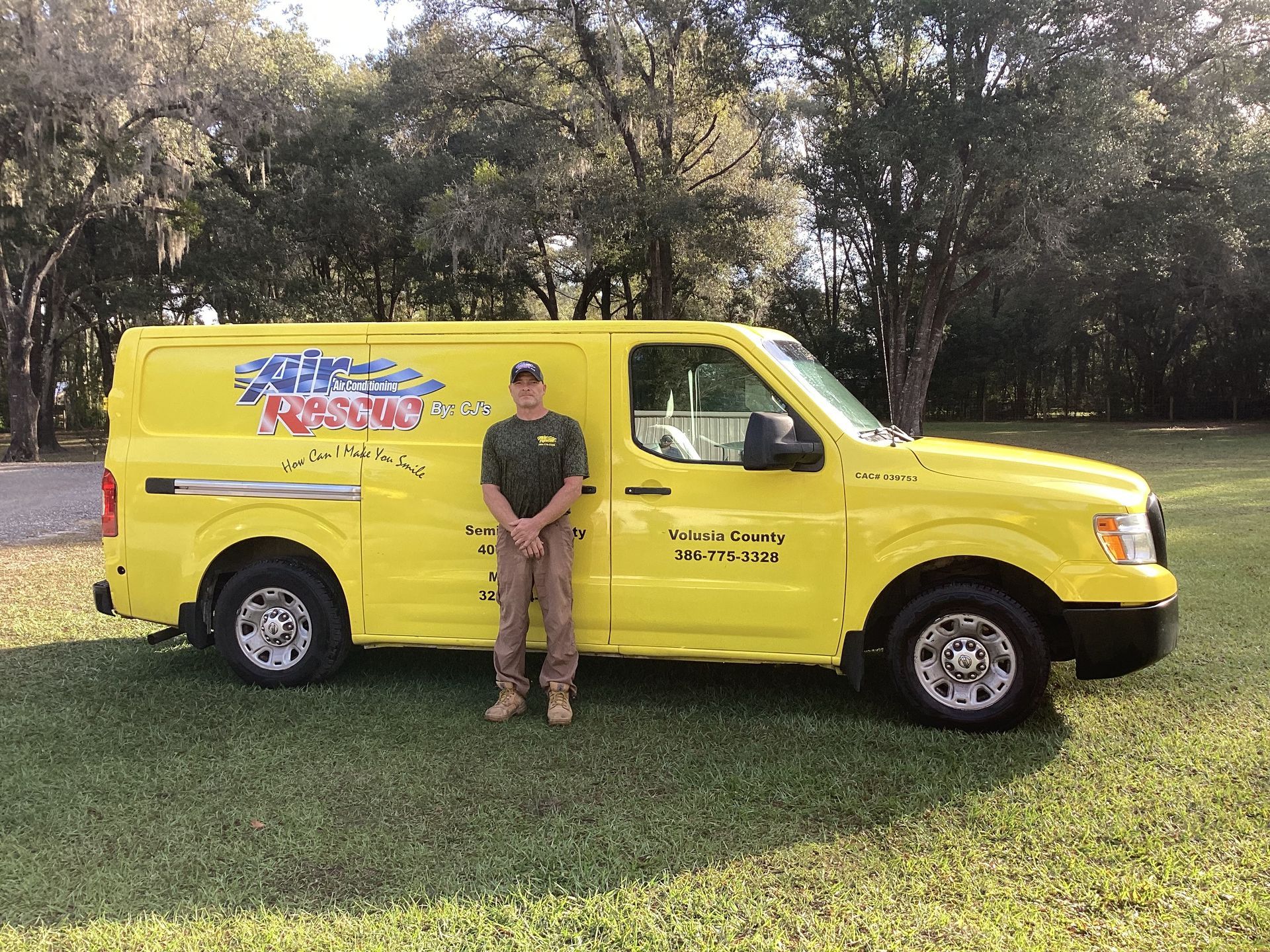 Air Rescue technician outside of work truck.