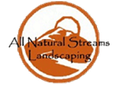 Logo for All Natural Streams Landscaping, featuring a circular orange design with a stylized mountain and stream.