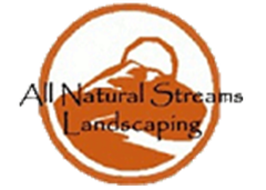 Logo for All Natural Streams Landscaping, featuring a circular orange design with a stylized mountain and stream.
