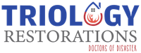 The logo for triology restorations is blue and red with a house on it.