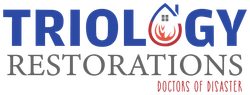 The logo for triology restorations is blue and red with a house on it.