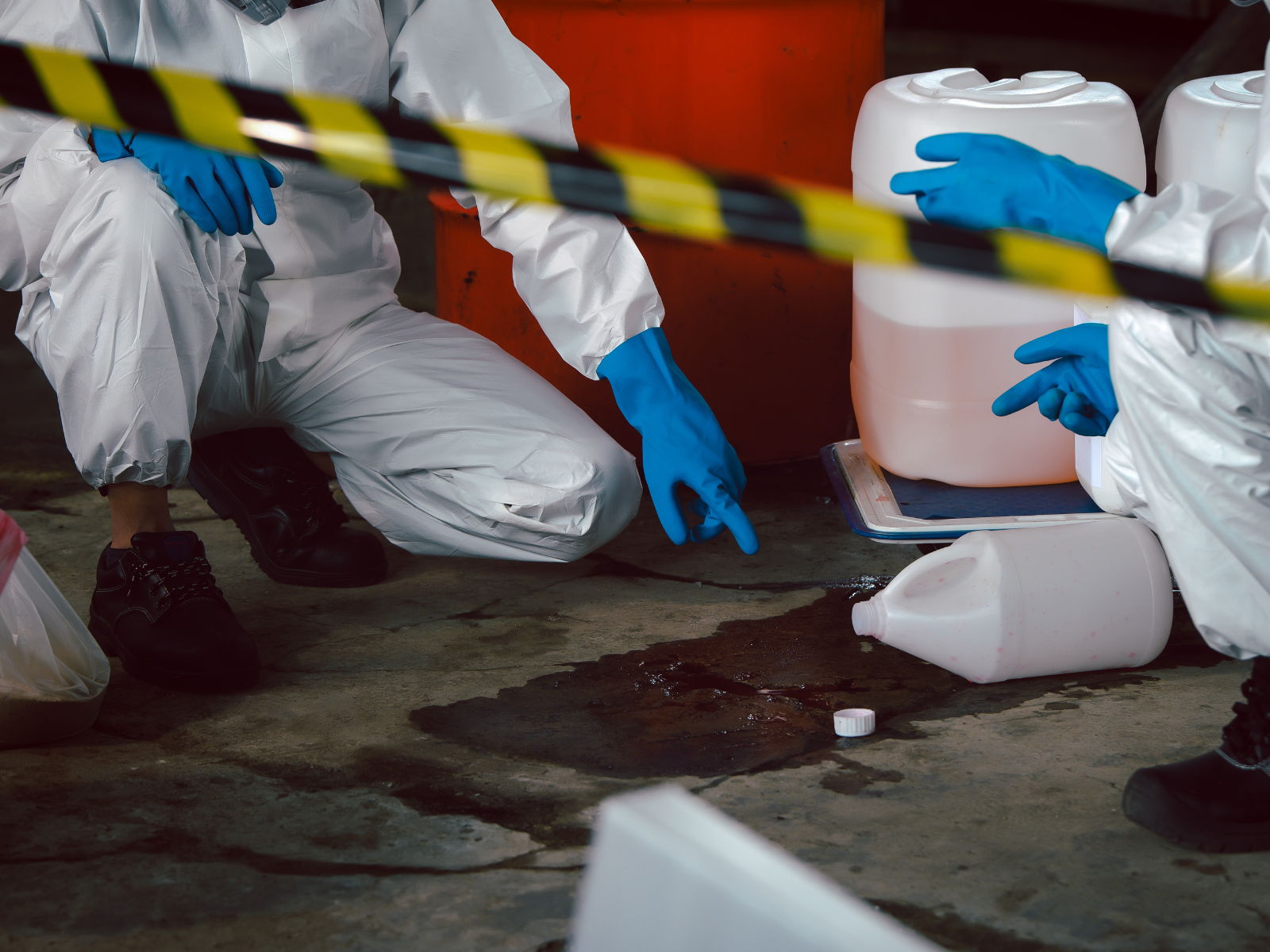 A man in a protective suit is kneeling down next to a can of liquid.