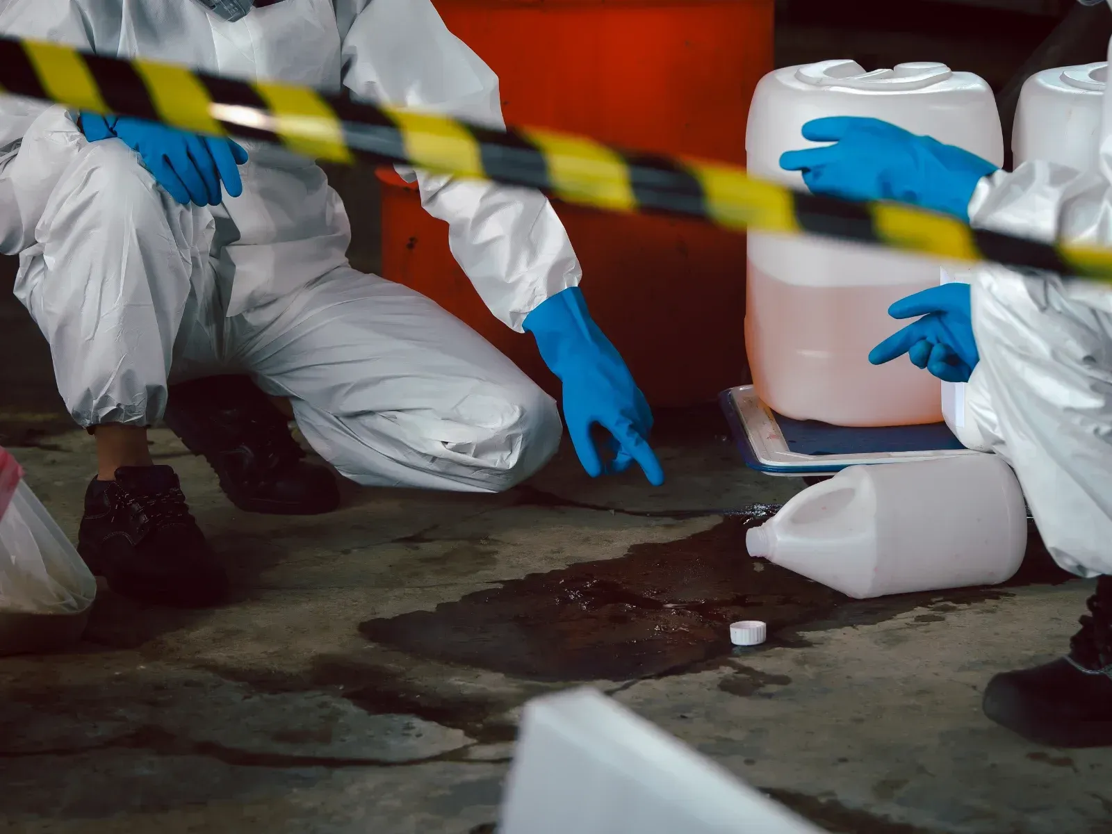 A group of people in protective suits are kneeling on the ground. A man in a protective suit is kneeling down next to a can of liquid.