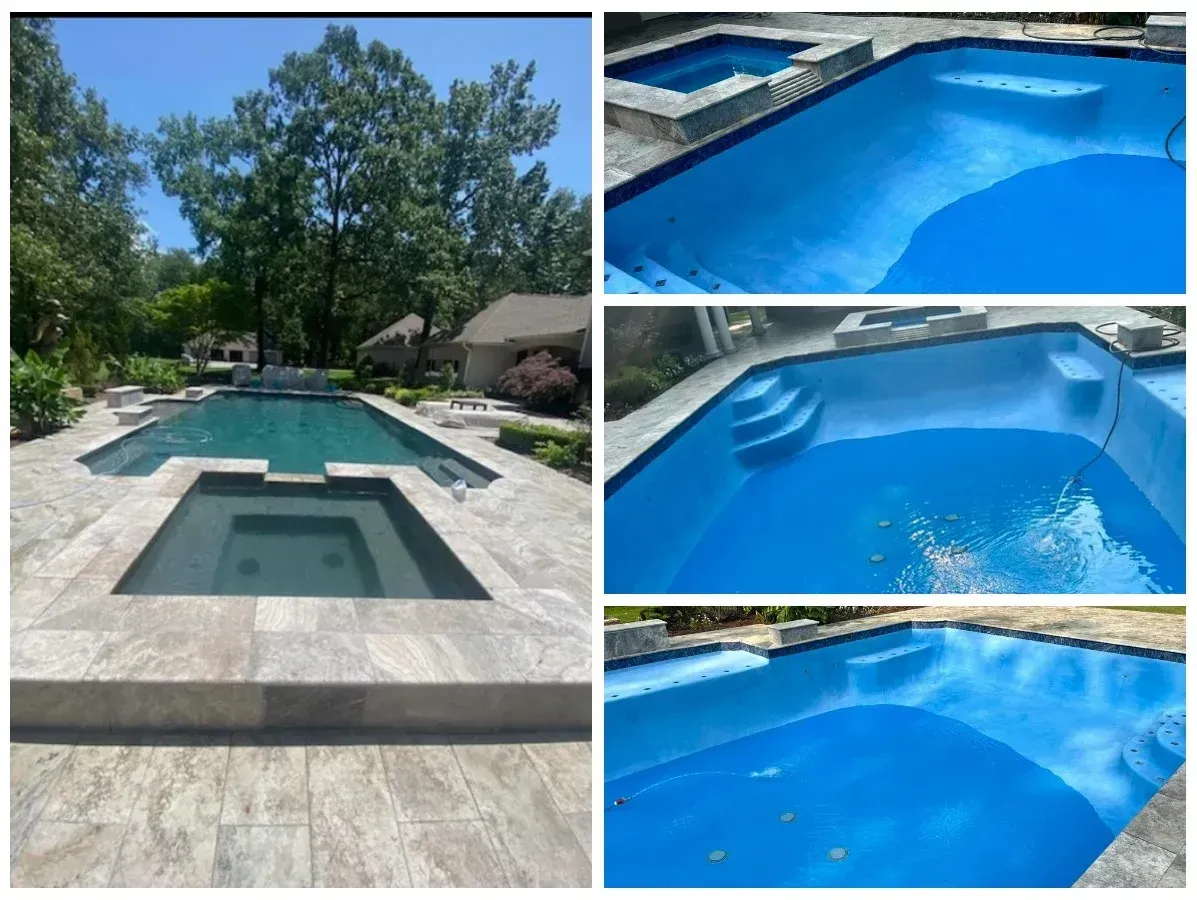 A collage of four pictures of a swimming pool