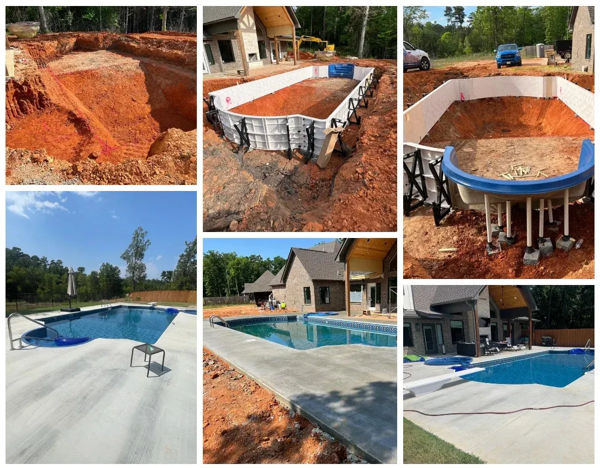 A collage of photos of a swimming pool being built in a backyard.