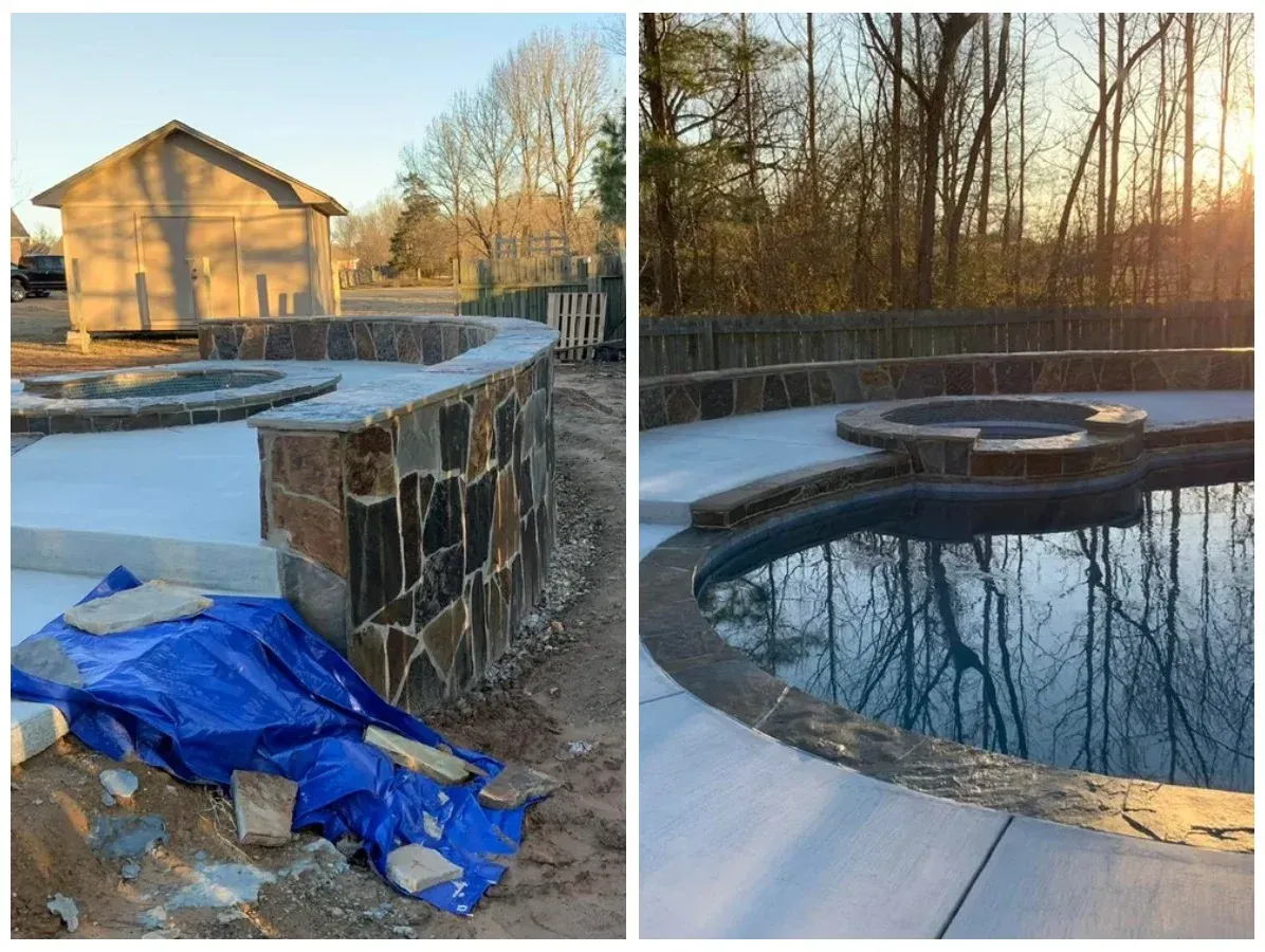 A before and after picture of a swimming pool being built.