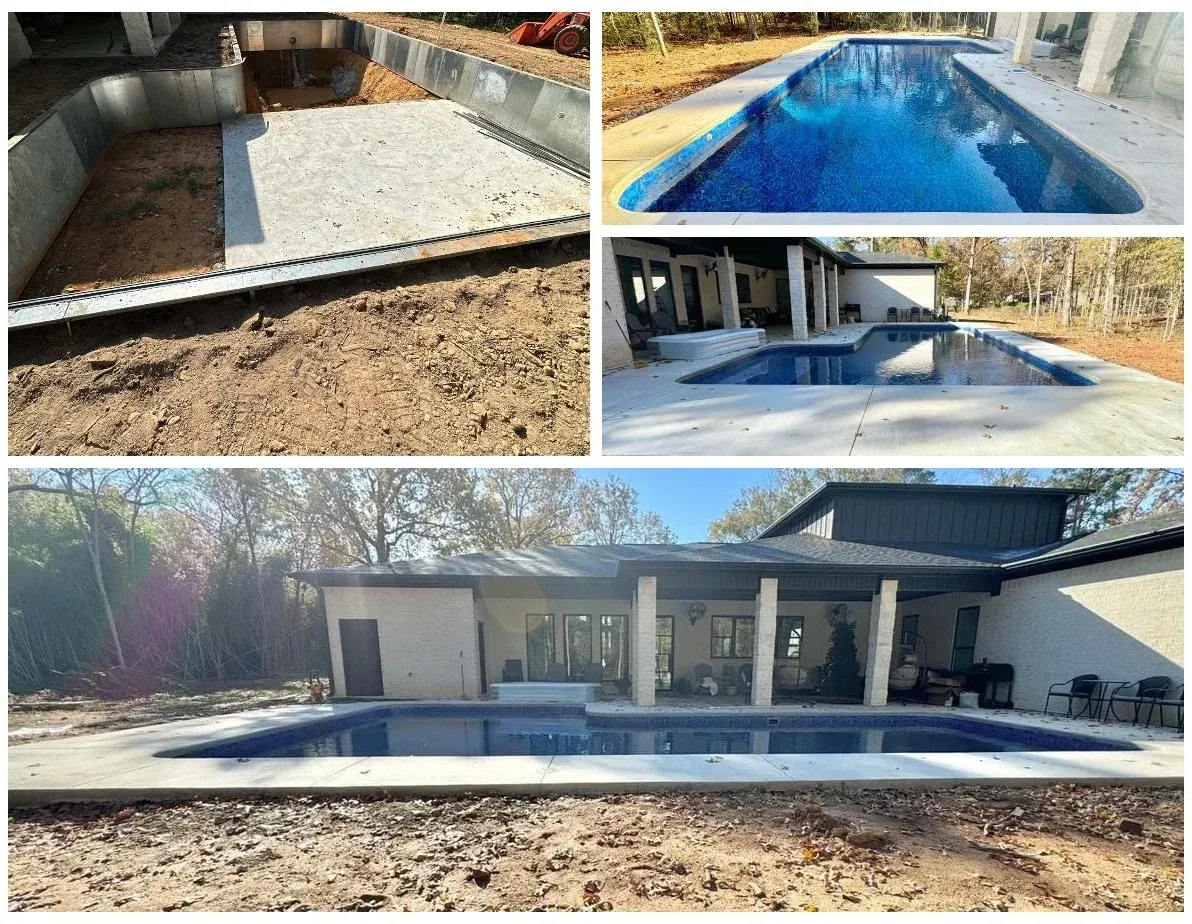 A collage of pictures of a swimming pool being built in a backyard.