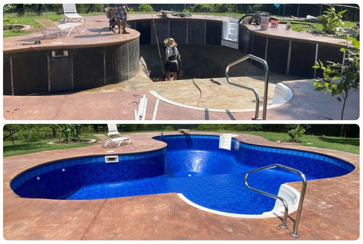 A before and after photo of a swimming pool being built.