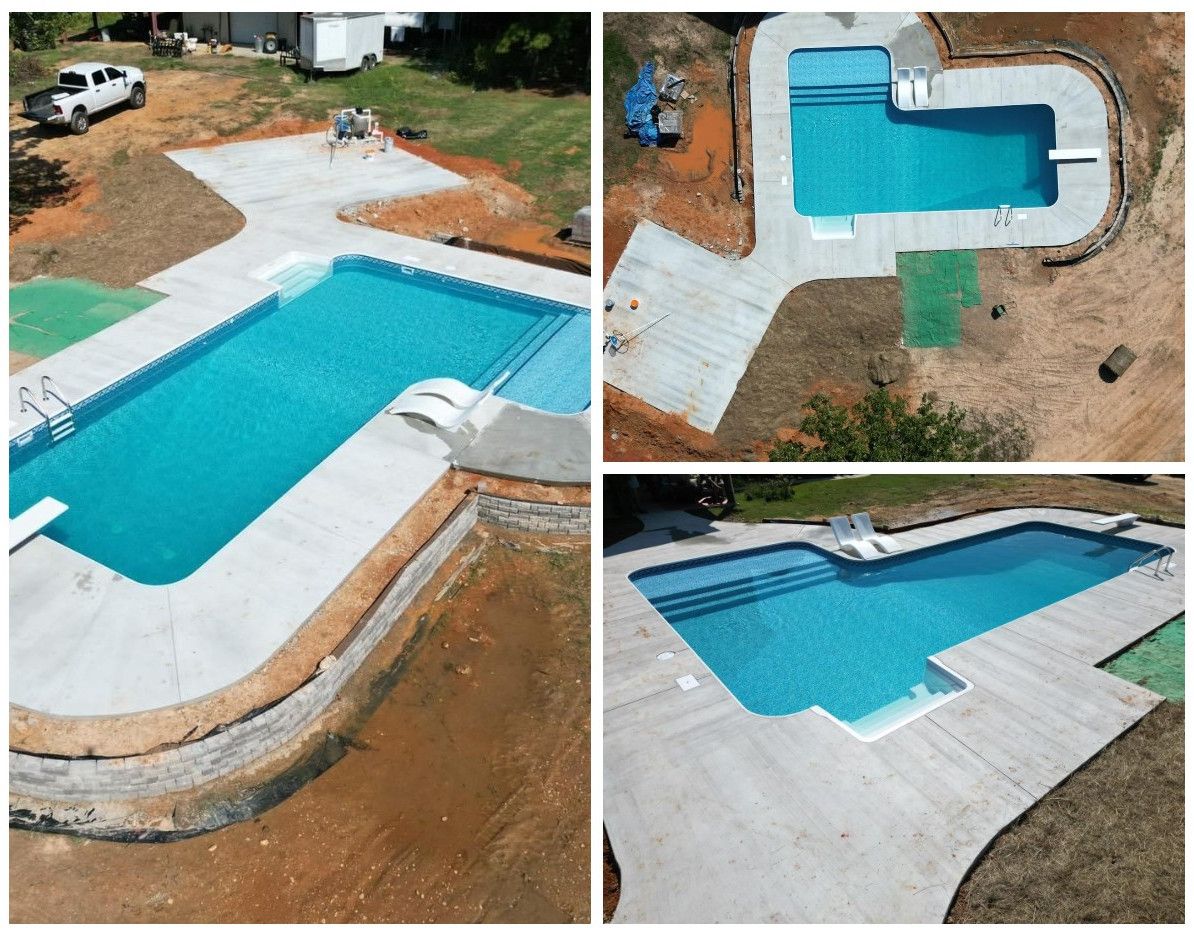 A collage of four pictures of a swimming pool