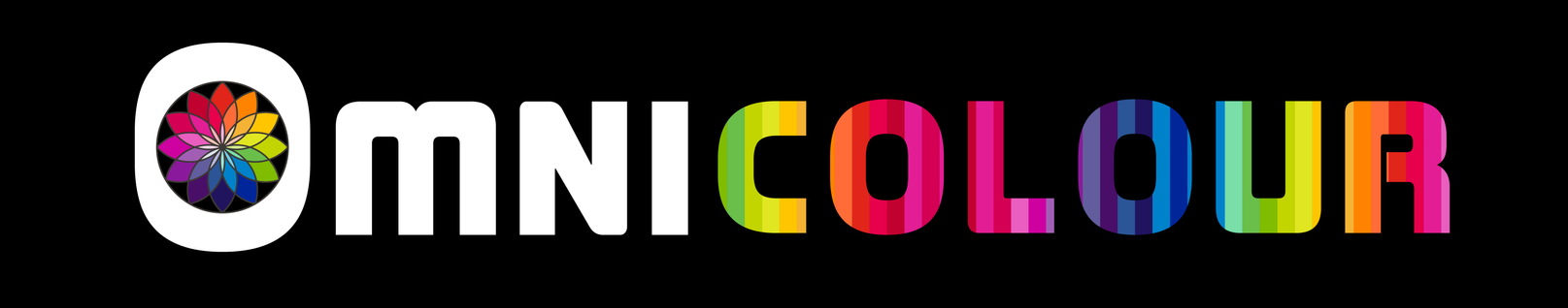 A colorful logo for omnicolour on a black background