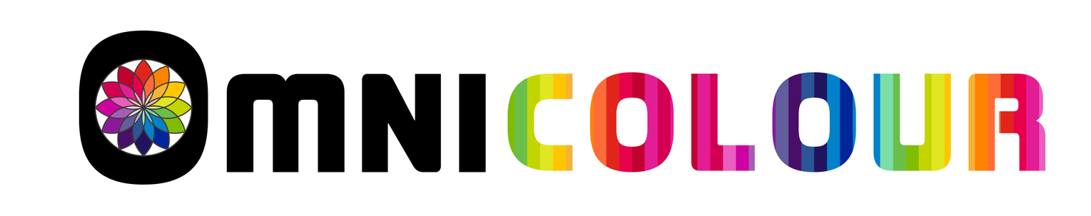 Omnicolour logo with a colorful color wheel and rainbow-colored text.