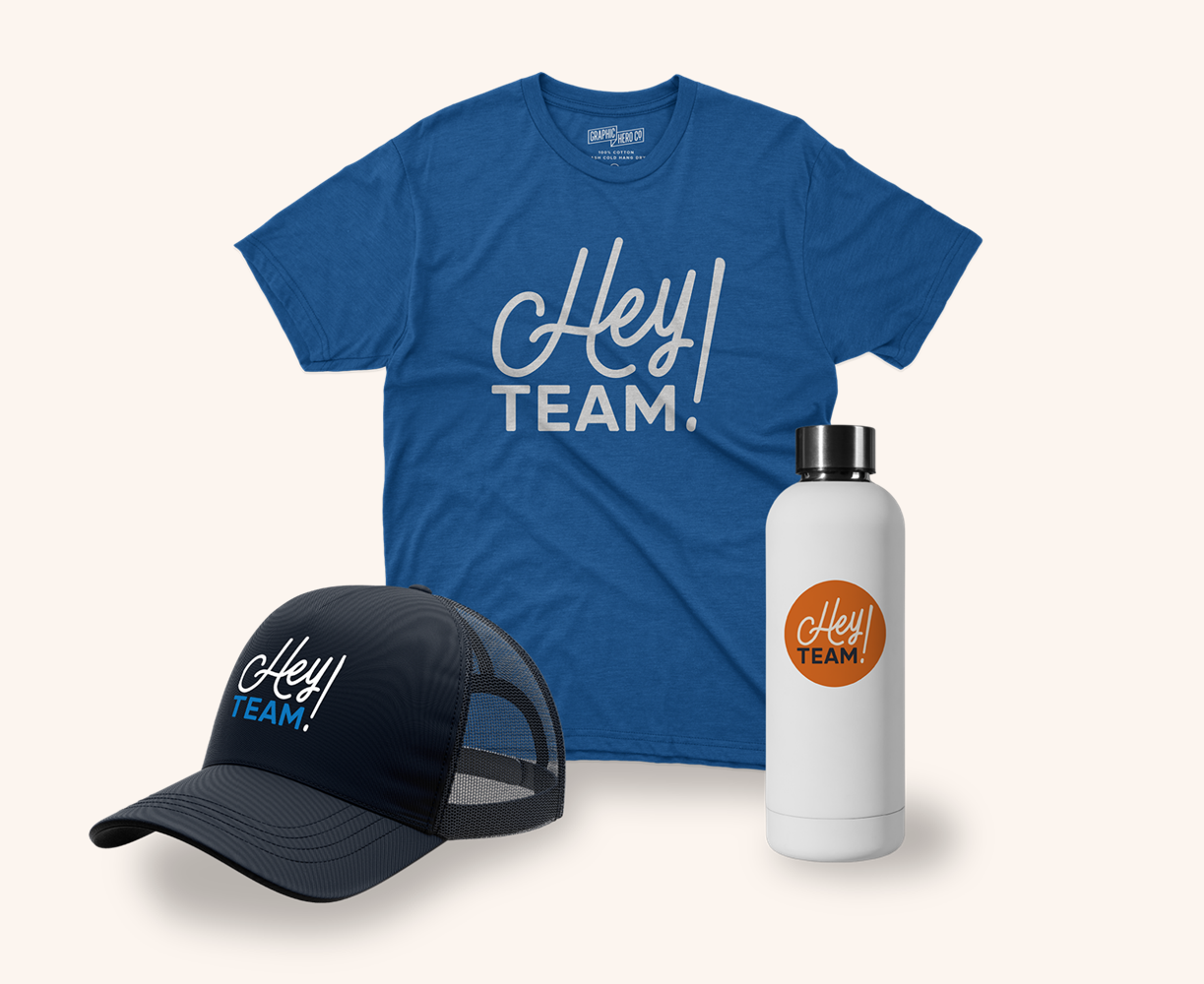Blue t-shirt, navy cap, and white water bottle with 