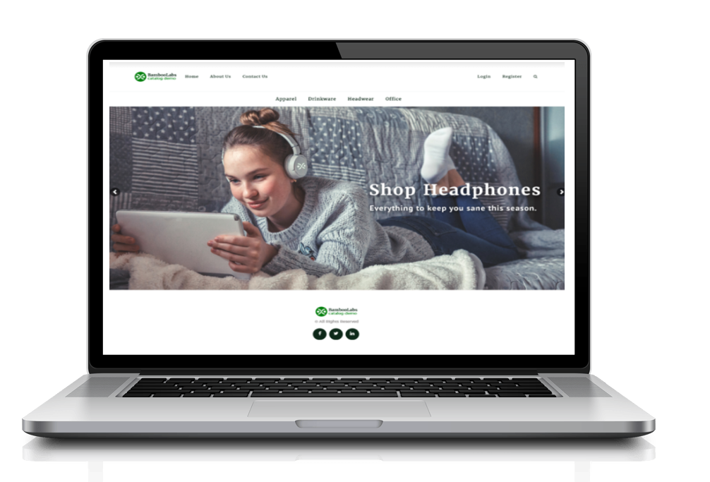 Laptop displaying a website with a young woman wearing headphones, holding a tablet.