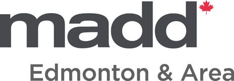 The logo for madd edmonton and area has a maple leaf on it.