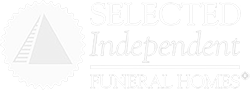 a white logo for a funeral home with a triangle and the words `` selected independent funeral homes '' .
