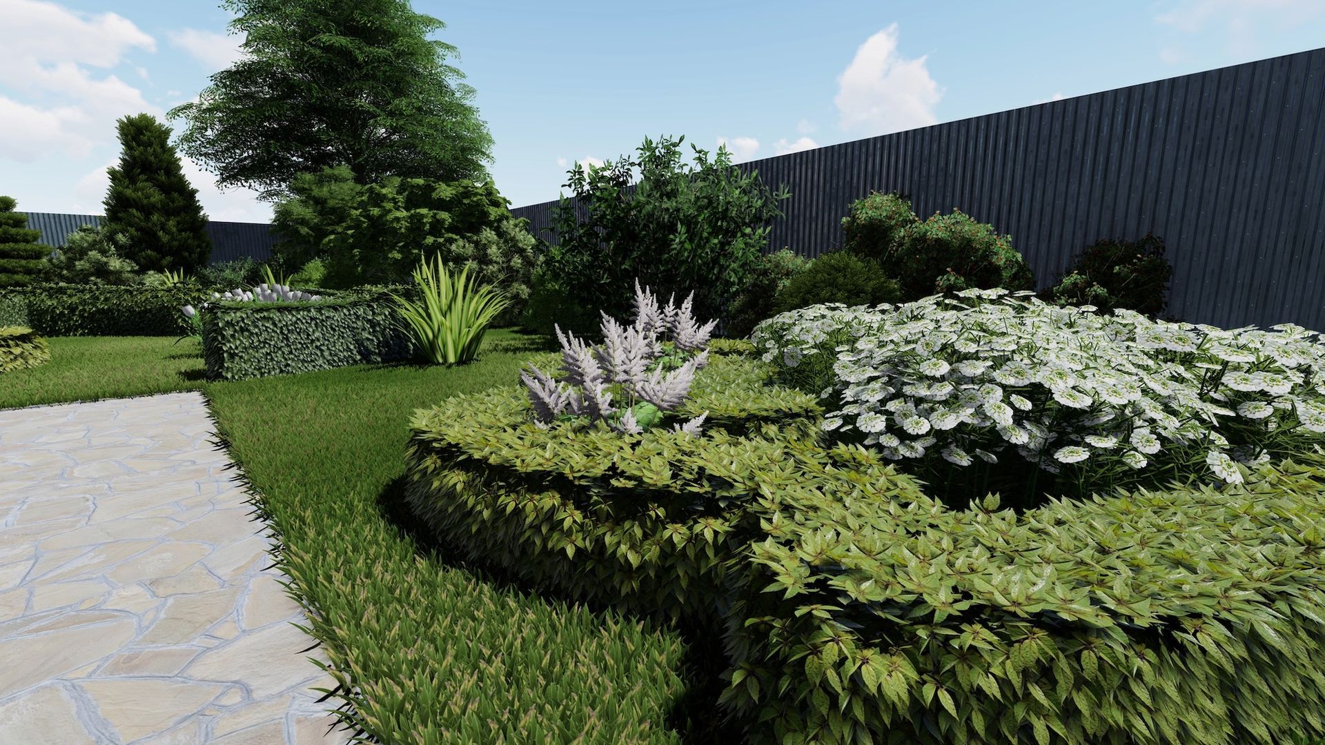 A lush, green garden with a stone path, hedges, and various plants. A tall black fence frames the scene.