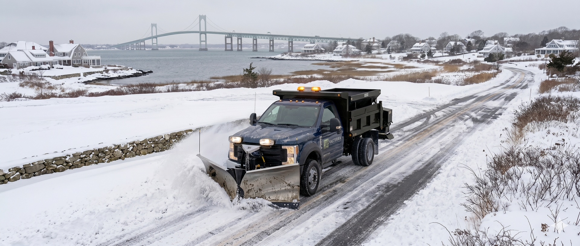Snowplow clearing a snowy rural road beside a bridge in winter