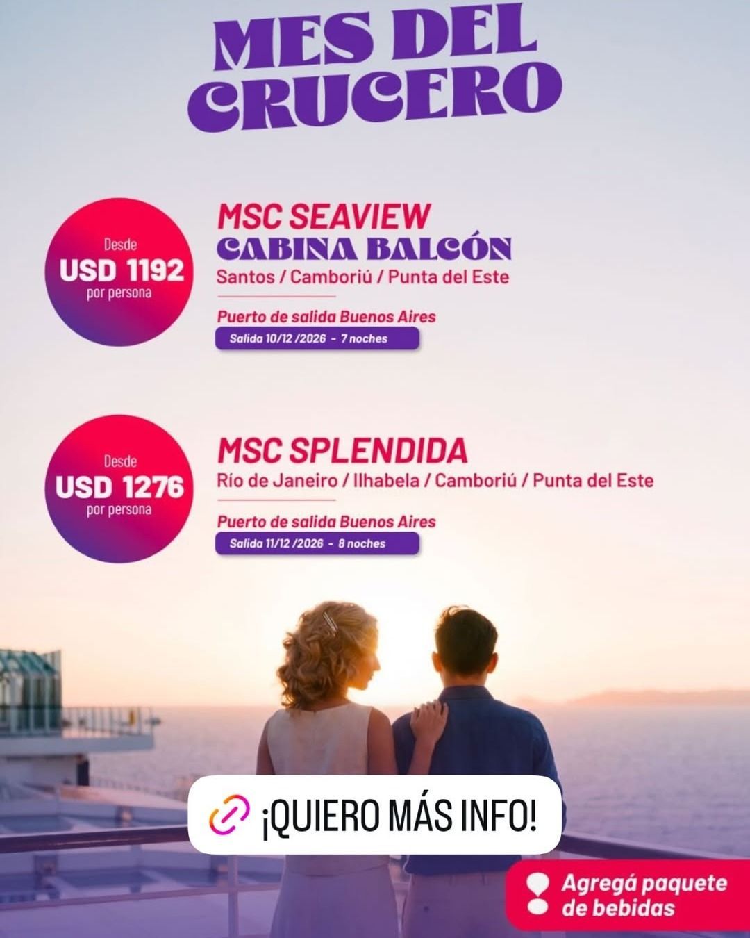 Cartel promocional de cruceros con dos personas contemplando la puesta de sol
