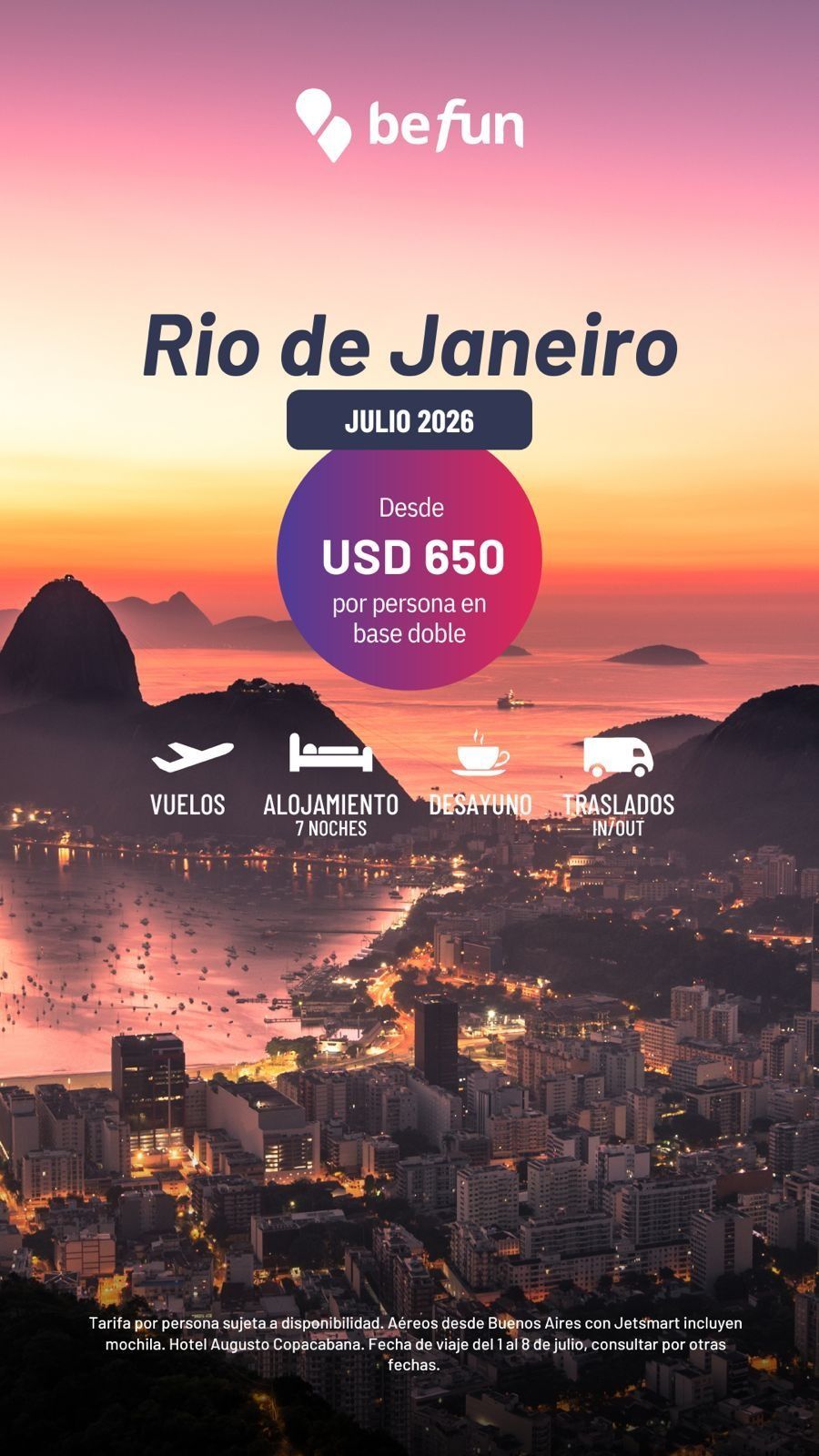 Cartel turístico de Río de Janeiro al atardecer con el horizonte de la ciudad, montañas, playa y precio del vuelo: 860 USD.